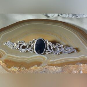 STERLING SILVER BLACK ONYX MARCASITE VINTAGE BROOCH